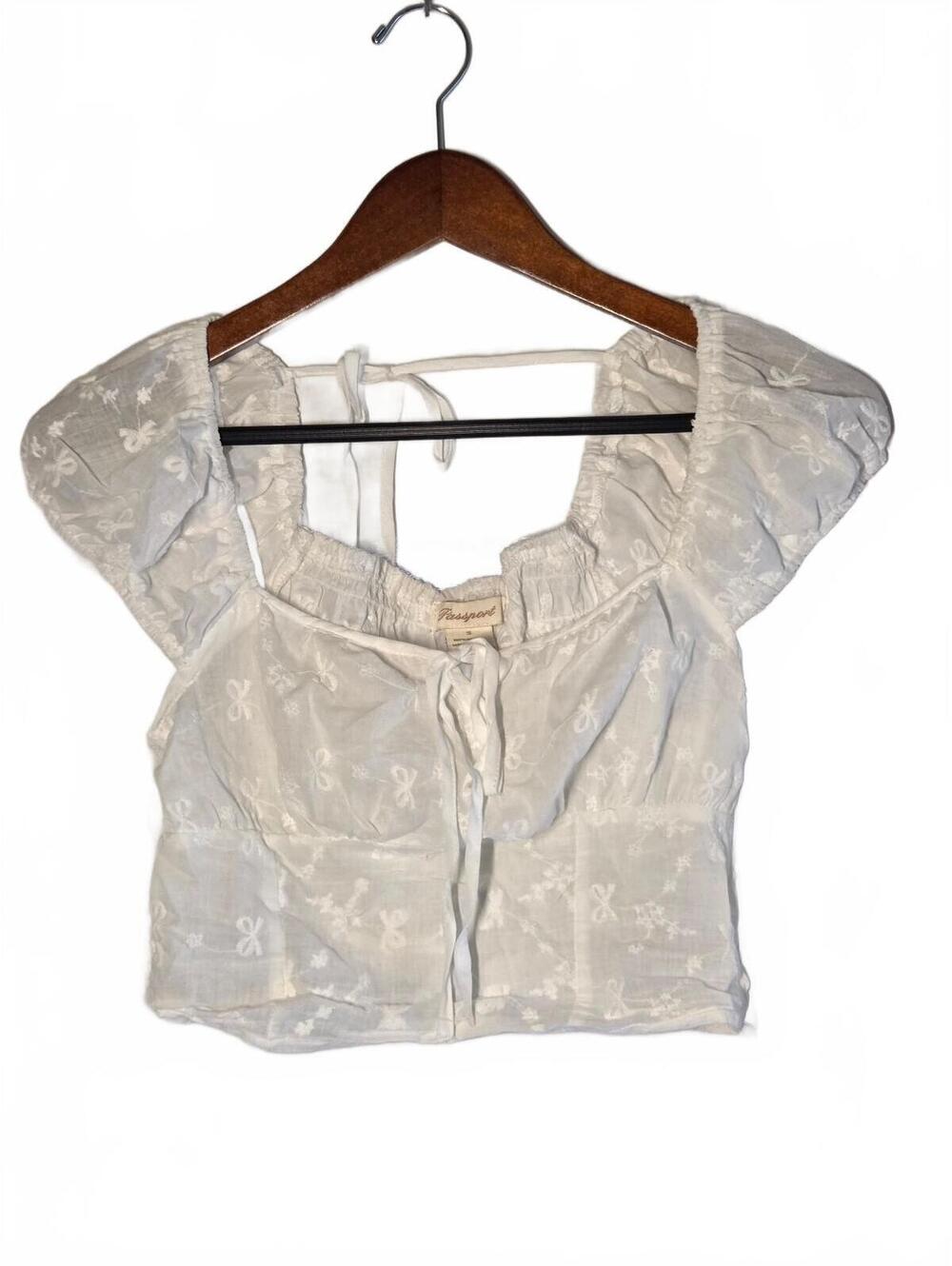 Coquette Ren Fair White Embroidered Bow Short Sleeve Smocked Crop Top Size Small